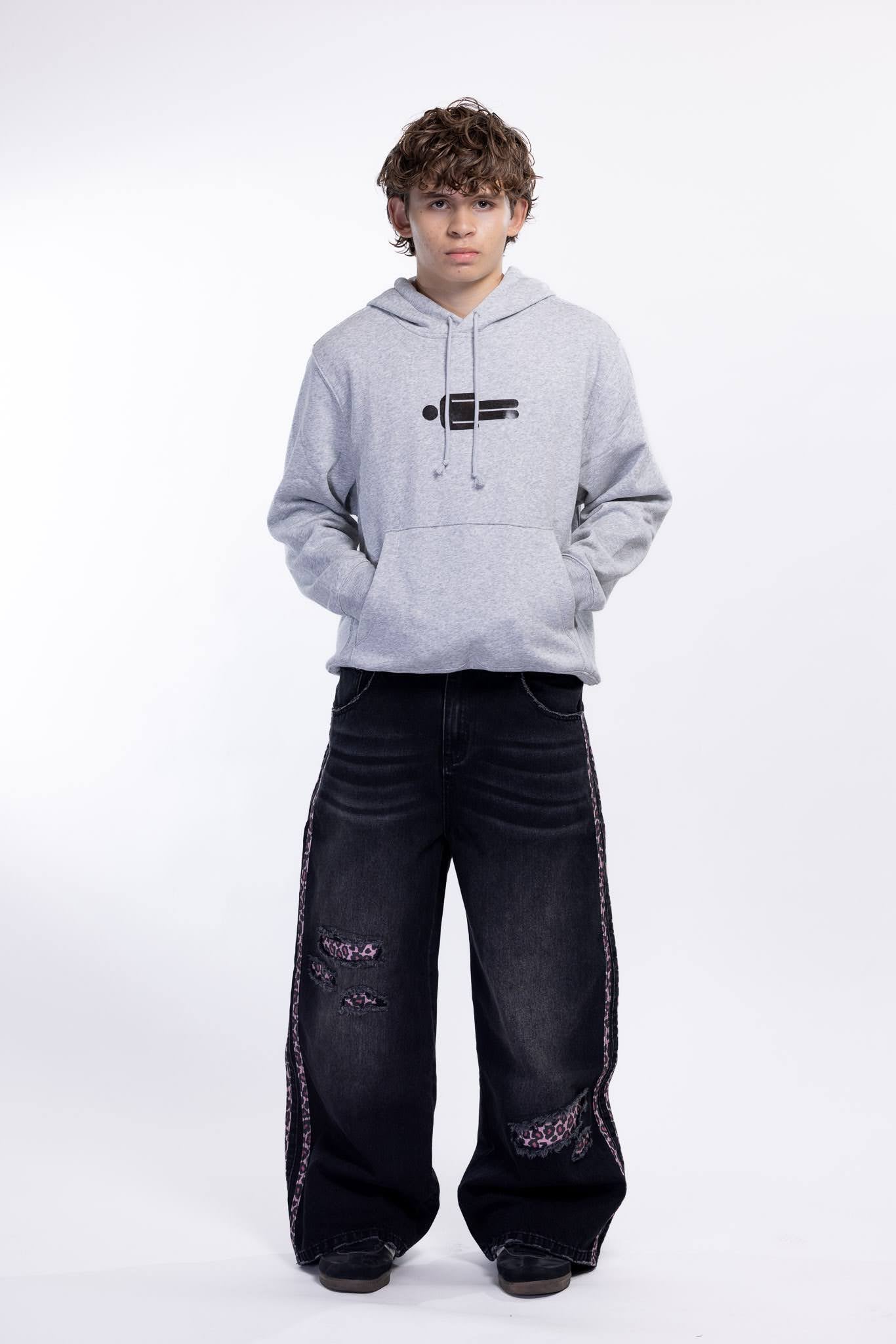 Black Baggy distressed jeans with pink leopard print