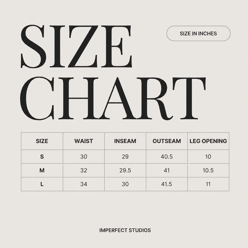 Size chart for clothing measurements in inches on a light gray background