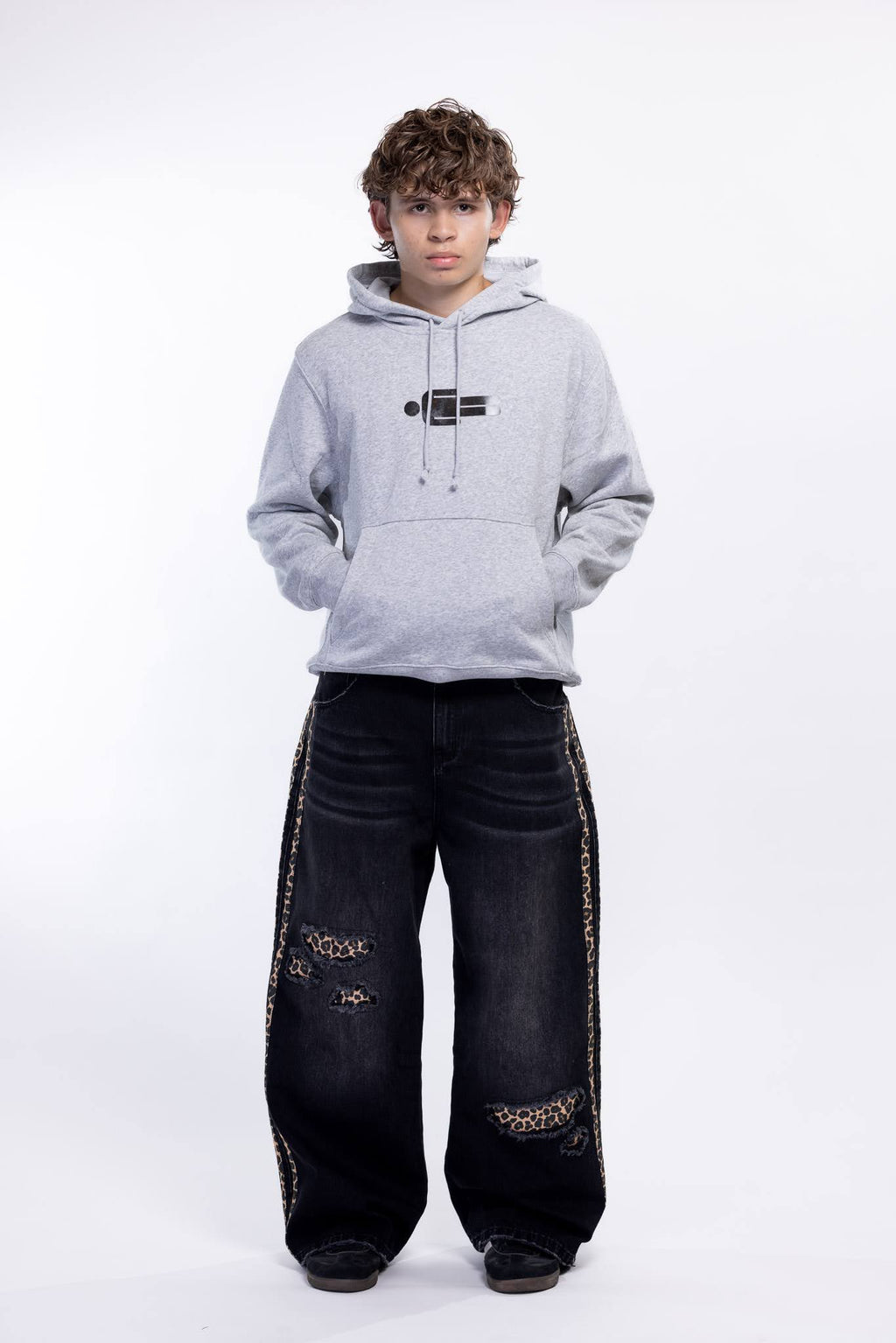 Black Baggy distressed jeans with leopard print