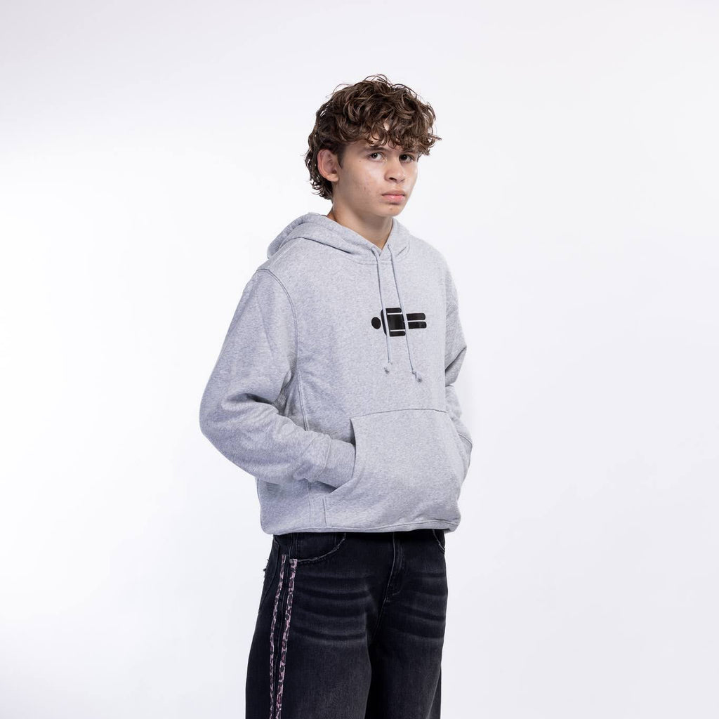 Gray hoodie and black jeans with pink leopard print on a white background