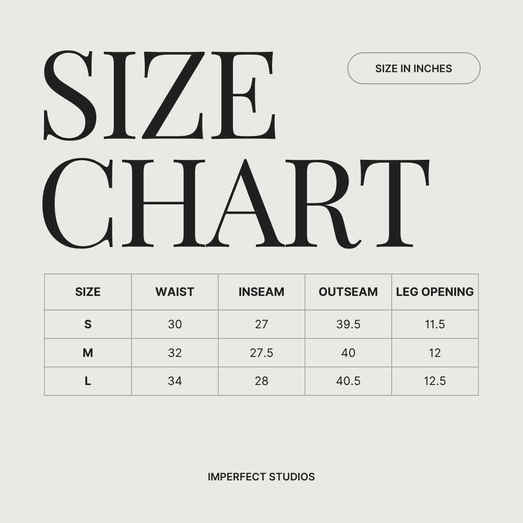 Size chart for clothing measurements in inches on a light gray background
